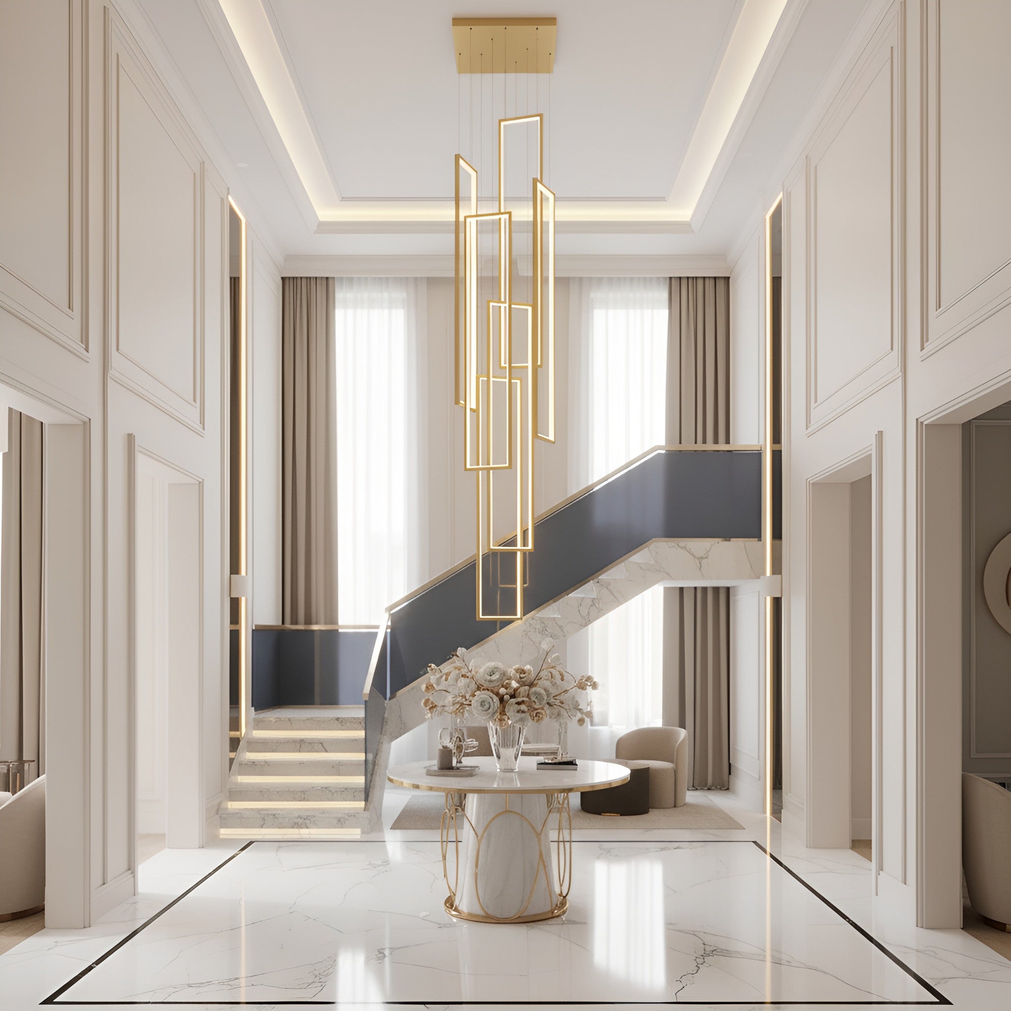 Modern Rectangle Frame Hanging LED Staircase Chandelier