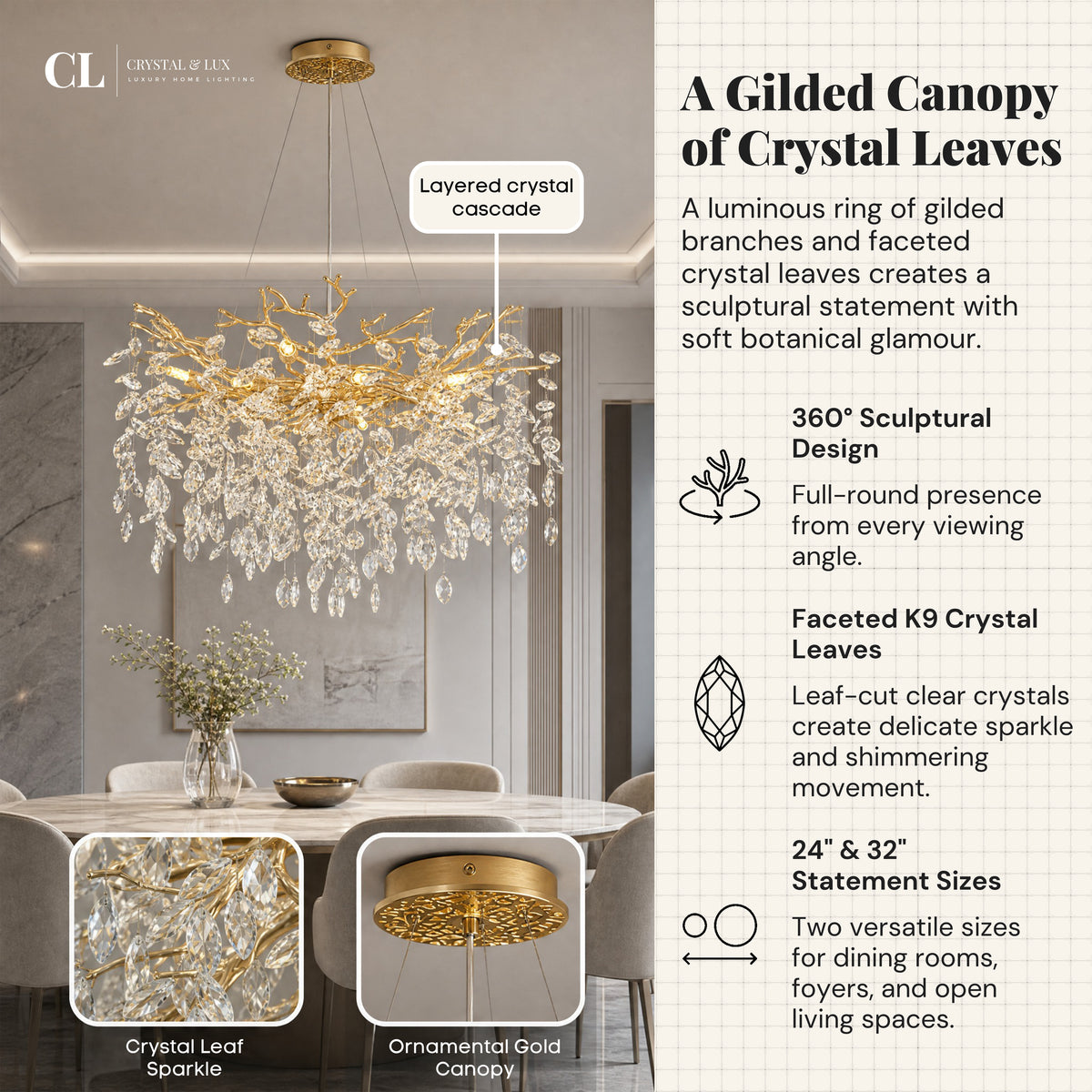 The Majestic Crowned Branch Chandelier (w/ Crystal Leaves)