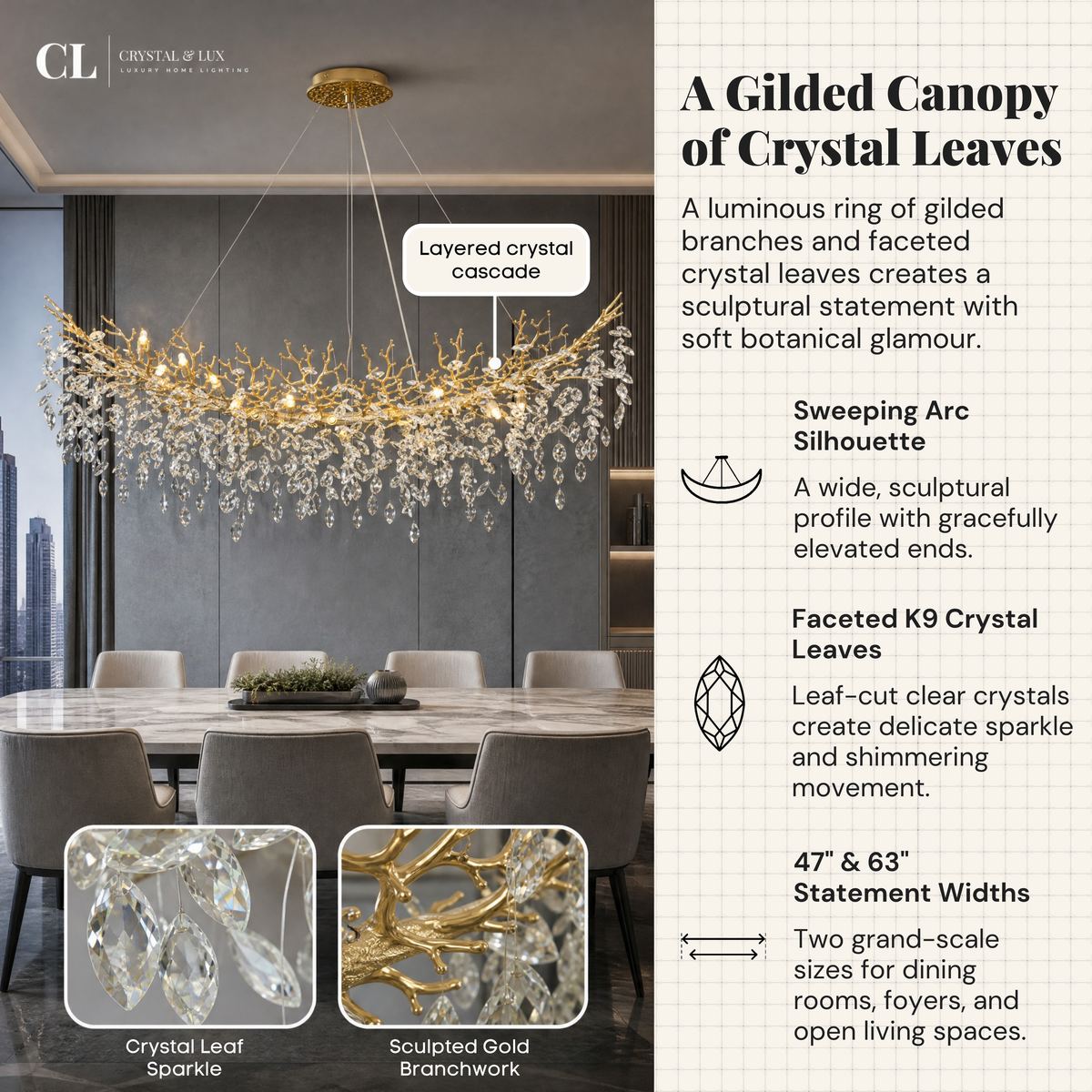 The Royal Crowned Branch Chandelier (w/ Crystal Leaves)