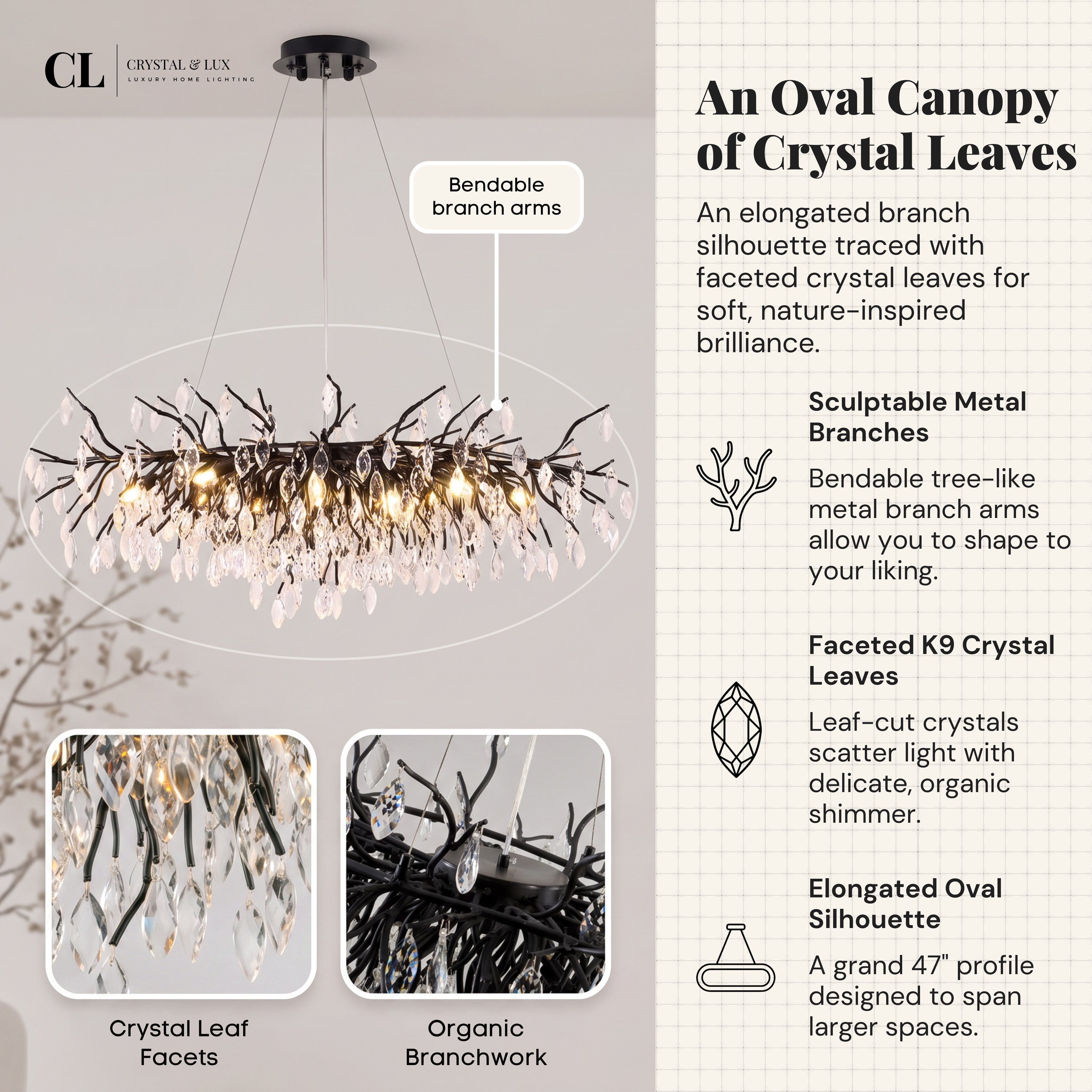 The Grand Crowned Branch Chandelier (w/ Crystal Leaves)