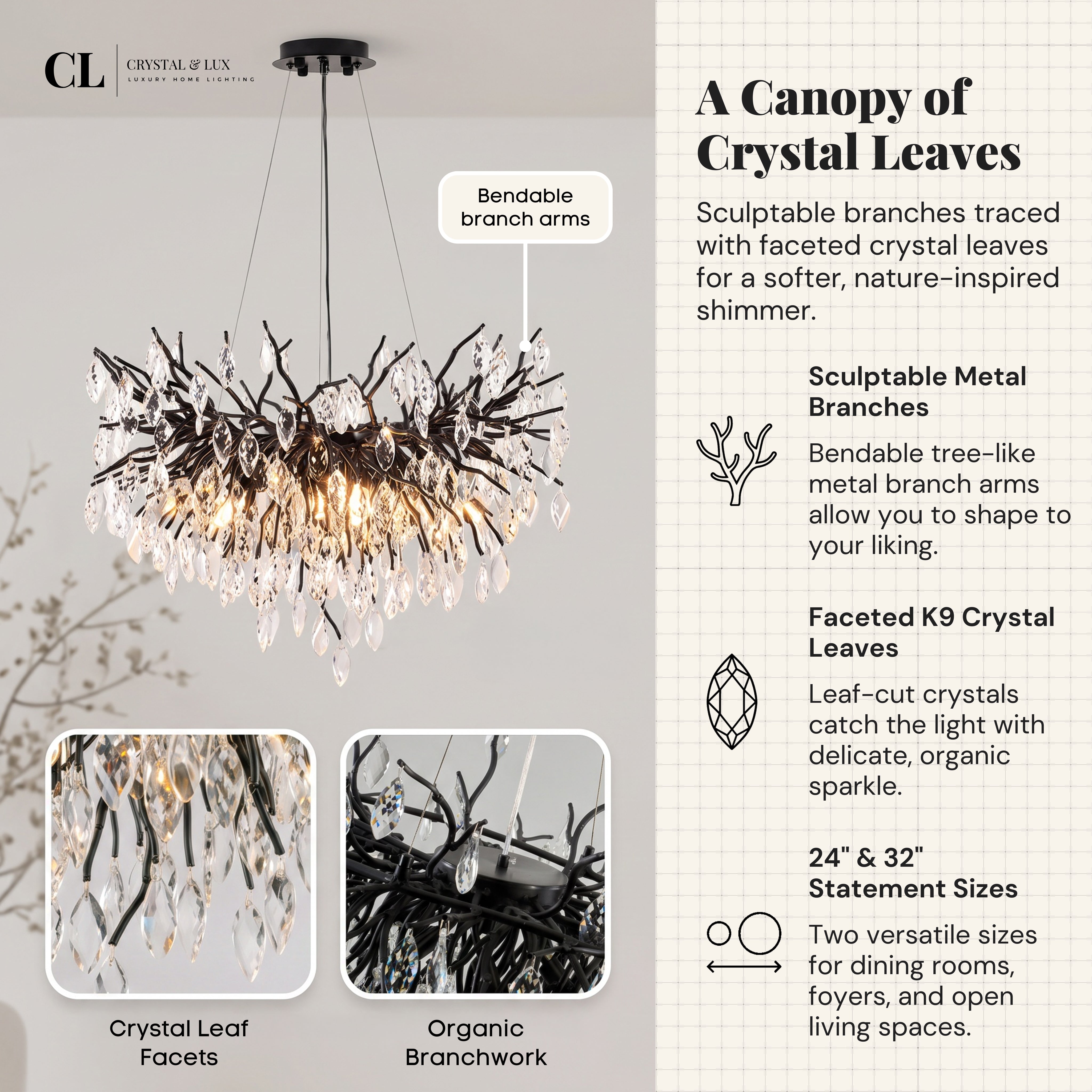 The Crowned Branch Chandelier (w/ Crystal Leaves)