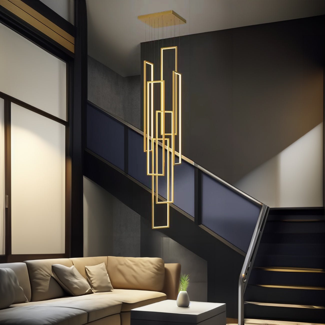 Modern Rectangle Frame Hanging LED Staircase Chandelier - Chandelier - Crystal & Lux