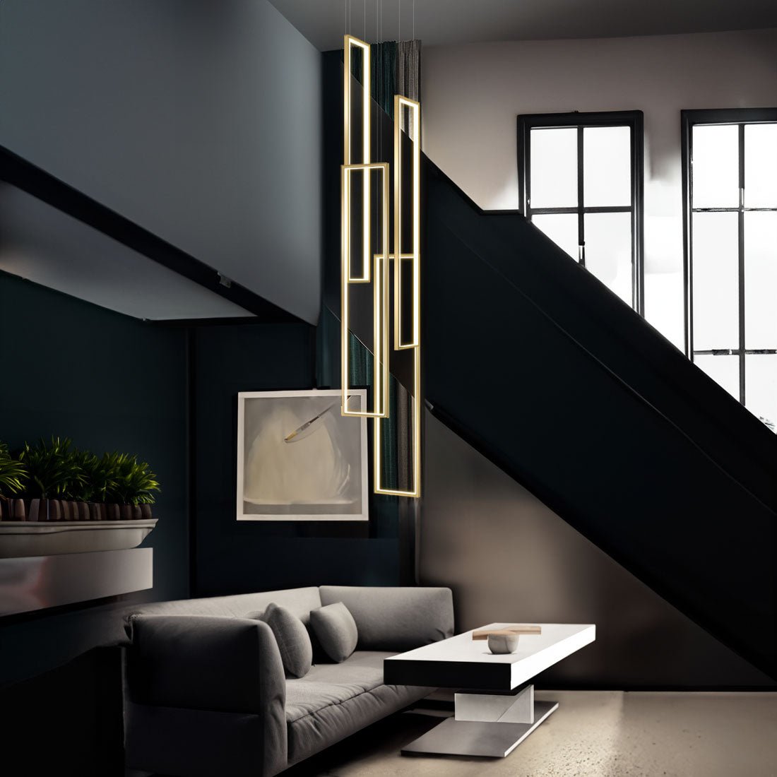 Modern Rectangle Frame Hanging LED Staircase Chandelier - Chandelier - Crystal & Lux