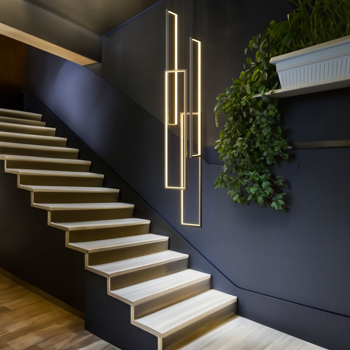 Modern Rectangle Frame Hanging LED Staircase Chandelier - Chandelier - Crystal & Lux
